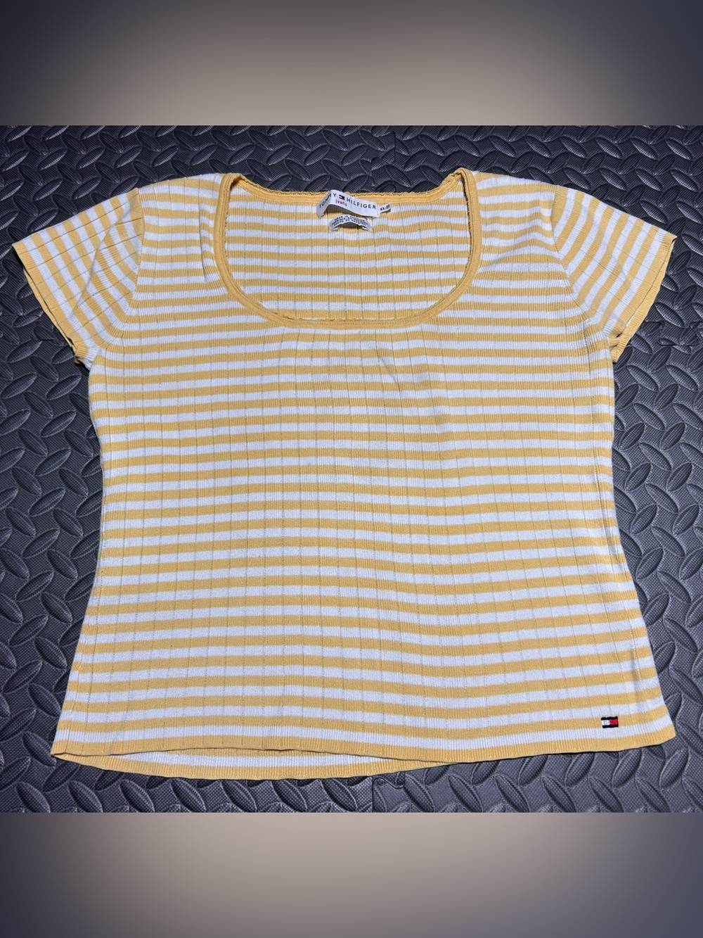 Tommy Hilfiger Women’s Yellow and White Striped Short Sleeve Scoop Neck Top
